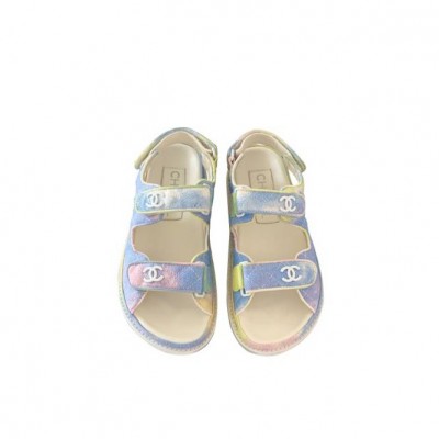 CHANEL PRINTED FABRIC SANDALS WOMEN‘S PINK & BLUE 