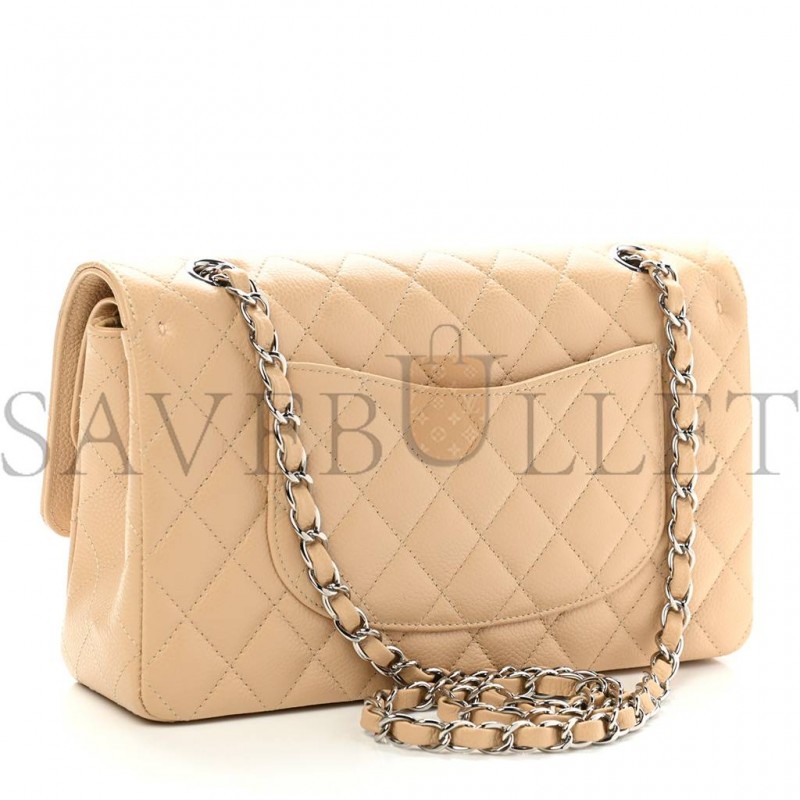 CHANEL CAVIAR QUILTED MEDIUM DOUBLE FLAP BEIGE CLAIR SILVER HARDWARE (25*15*7cm)