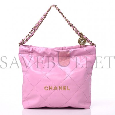 CHANEL SHINY CALFSKIN QUILTED SMALL CHANEL 22 PINK GOLD HARDWARE (30*30*8cm)