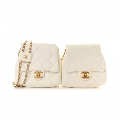 CHANEL LAMBSKIN QUILTED SIDE-PACKS WHITE GOLD HARDWARE (18*18*6cm)