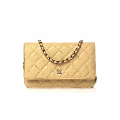 CHANEL CAVIAR QUILTED WALLET ON CHAIN WOC LIGHT YELLOW ROSE GOLD HARDWARE (19*12*3cm)