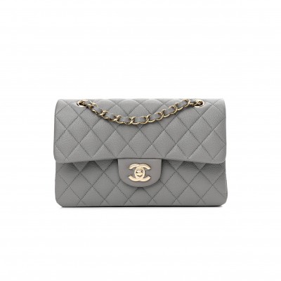 CHANEL CAVIAR QUILTED SMALL DOUBLE FLAP GREY ROSE GOLD HARDWARE (22*14*7cm)