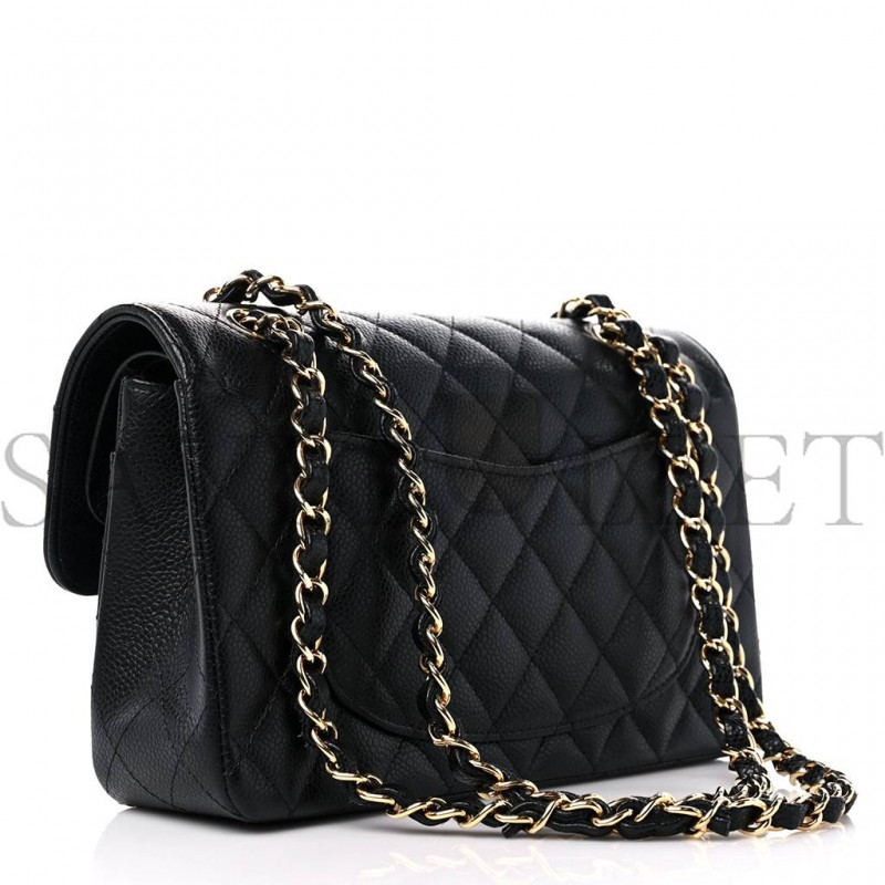 CHANEL CAVIAR QUILTED SMALL DOUBLE FLAP BLACK GOLD HARDWARE (23*15*6cm)