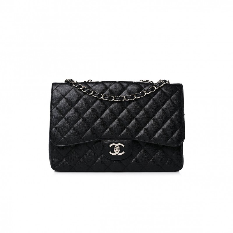 CHANEL CAVIAR QUILTED JUMBO SINGLE FLAP BLACK SILVER HARDWARE (30*20*8cm)