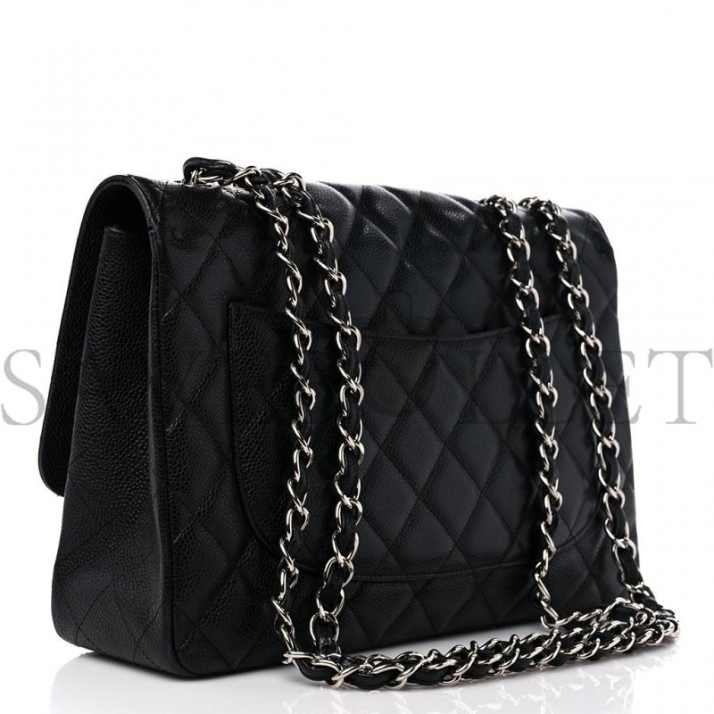 CHANEL CAVIAR QUILTED JUMBO SINGLE FLAP BLACK SILVER HARDWARE (30*20*8cm)