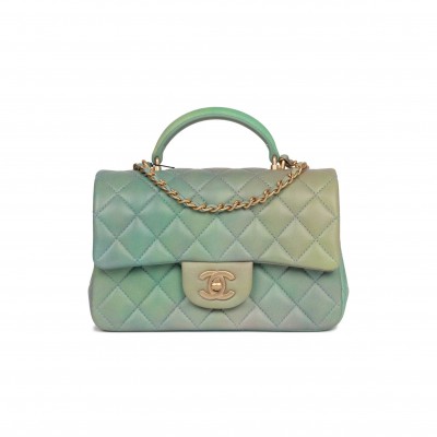 CHANEL MINI RECTANGULAR FLAP BAG WITH TOP HANDLE GREEN OMBRE LAMBSKIN ANTIQUE GOLD HARDWARE (22*15*8cm)