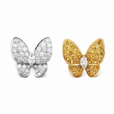 VAN CLEEF ARPELS TWO BUTTERFLY EARRINGS - YELLOW GOLD, DIAMOND, SAPPHIRE  VCARB15100